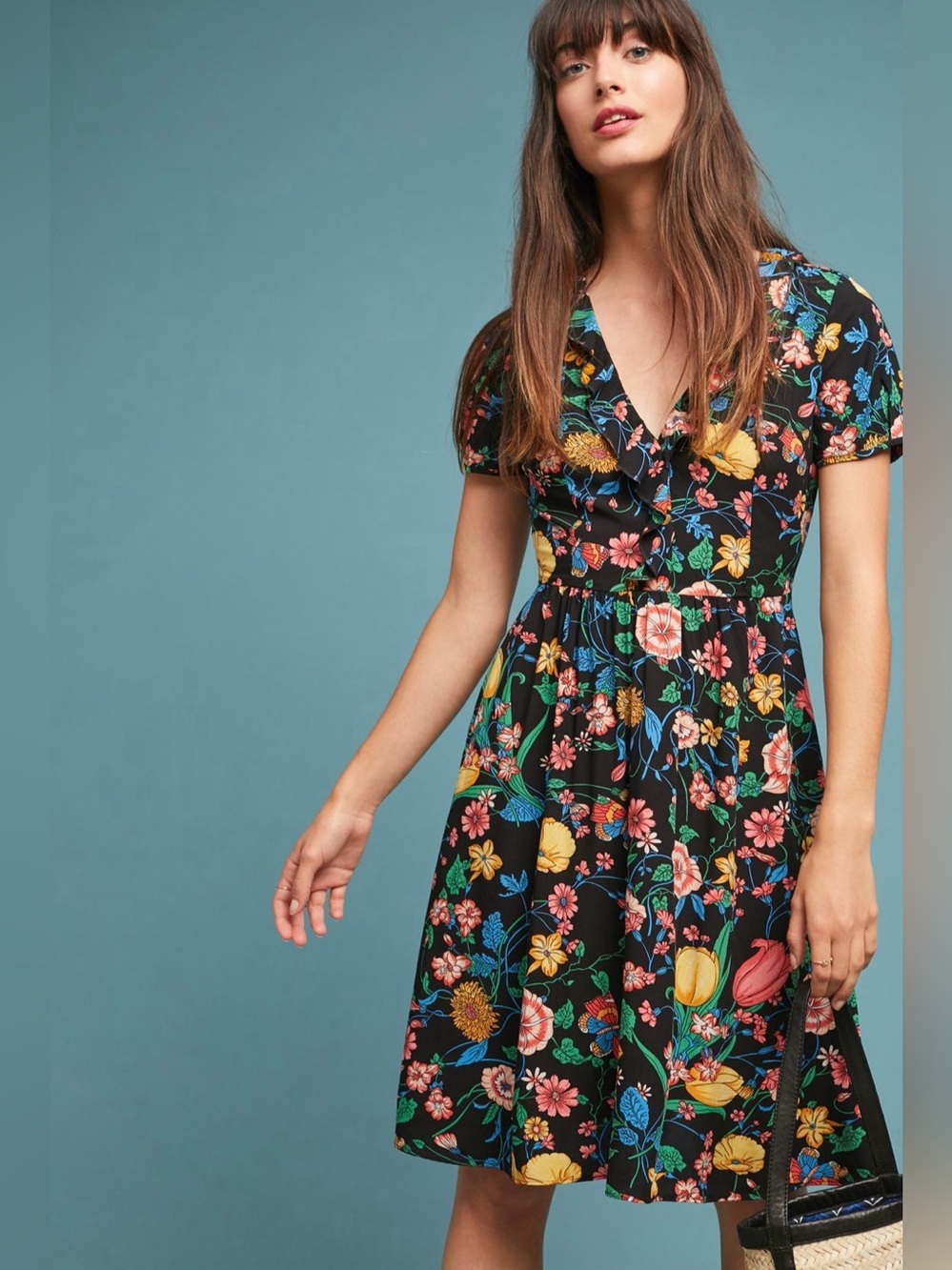 Maeve Anthropologie Bloedel Floral Dress Size 8 Black Fit & Flare Pockets